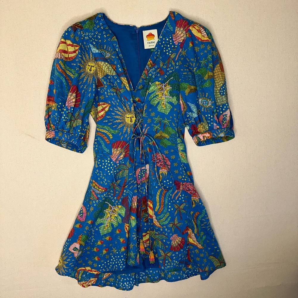 FARM Rio Ocean Stories Teal Blue Puff Sleeve Beaded Tassels Mini Dress XS